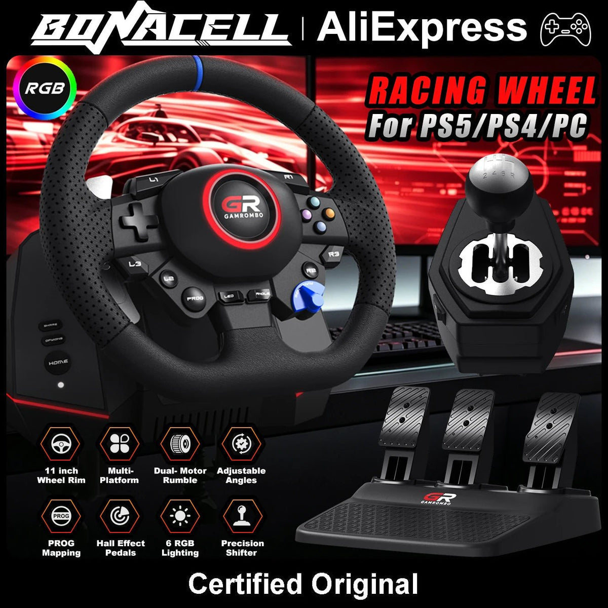 Racing Wheel For PS5/PS4/PC,11" Leather 270°&900° RGB Game Steering Hall Effect Pedal Macro Prog Mapping Gaming Wheels Simulator - GadgetGlobe