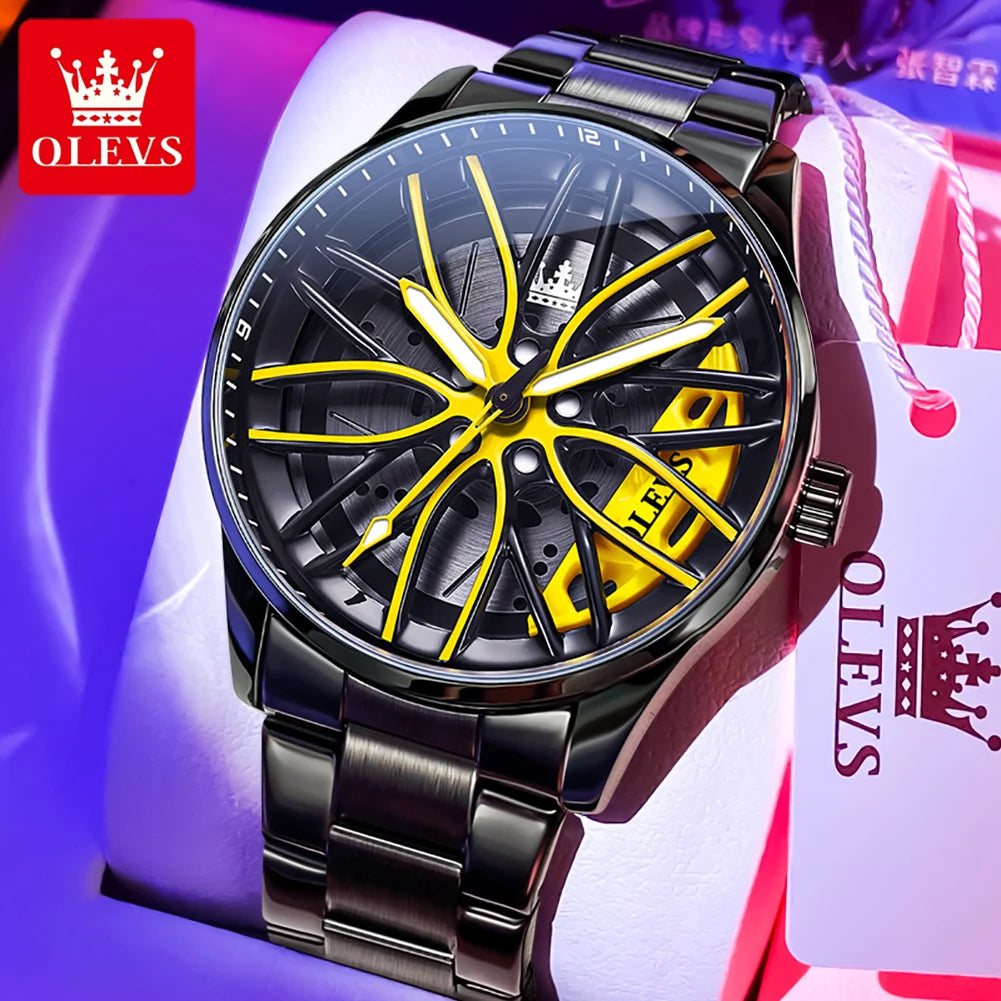 OLEVS Hot Sale Quartz Watch for Men 360° Rotary Dial Sports Car Rim Wheel Hub Waterproof Luminous Stainless Steel Men Wristwatch GadgetGlobe