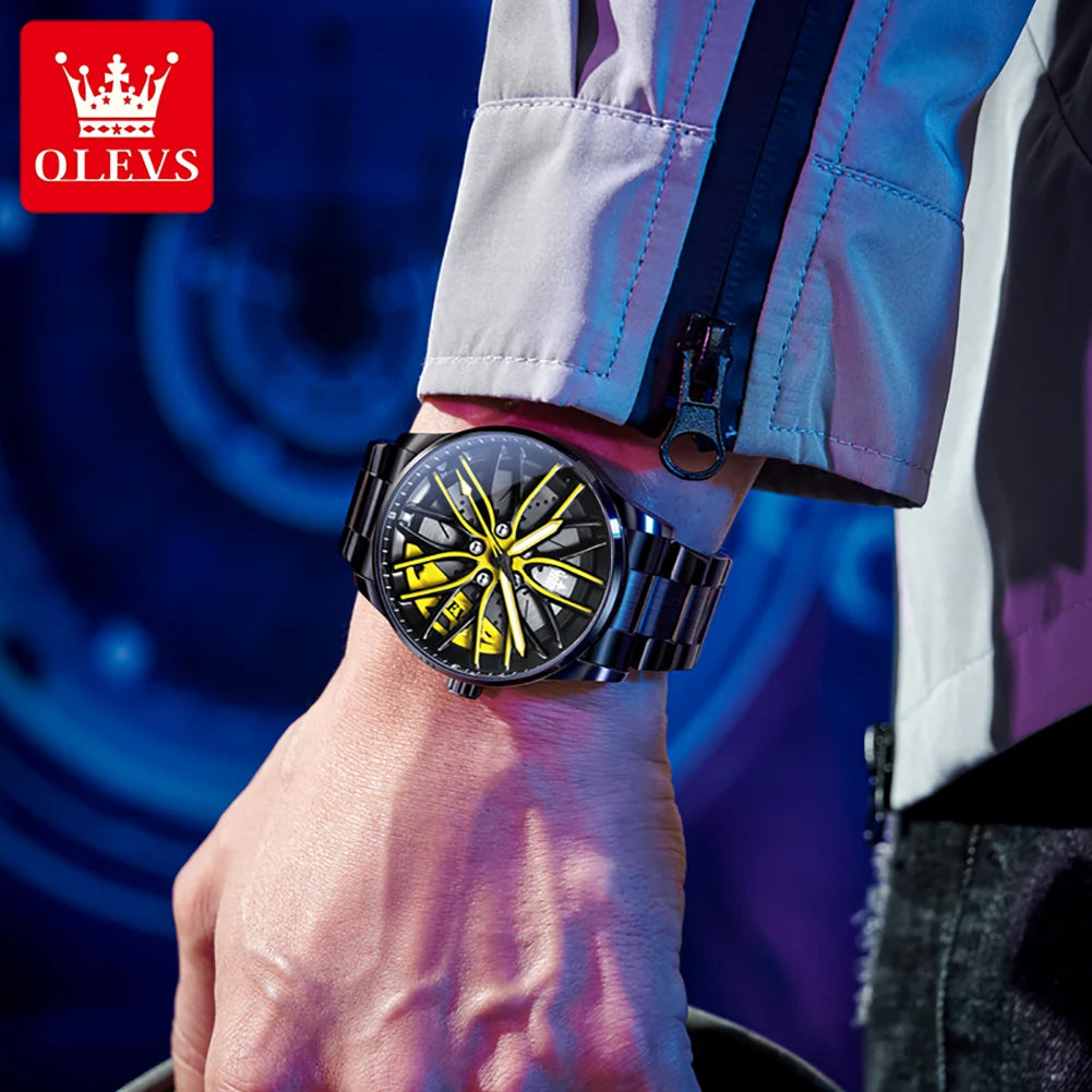 OLEVS Hot Sale Quartz Watch for Men 360° Rotary Dial Sports Car Rim Wheel Hub Waterproof Luminous Stainless Steel Men Wristwatch GadgetGlobe