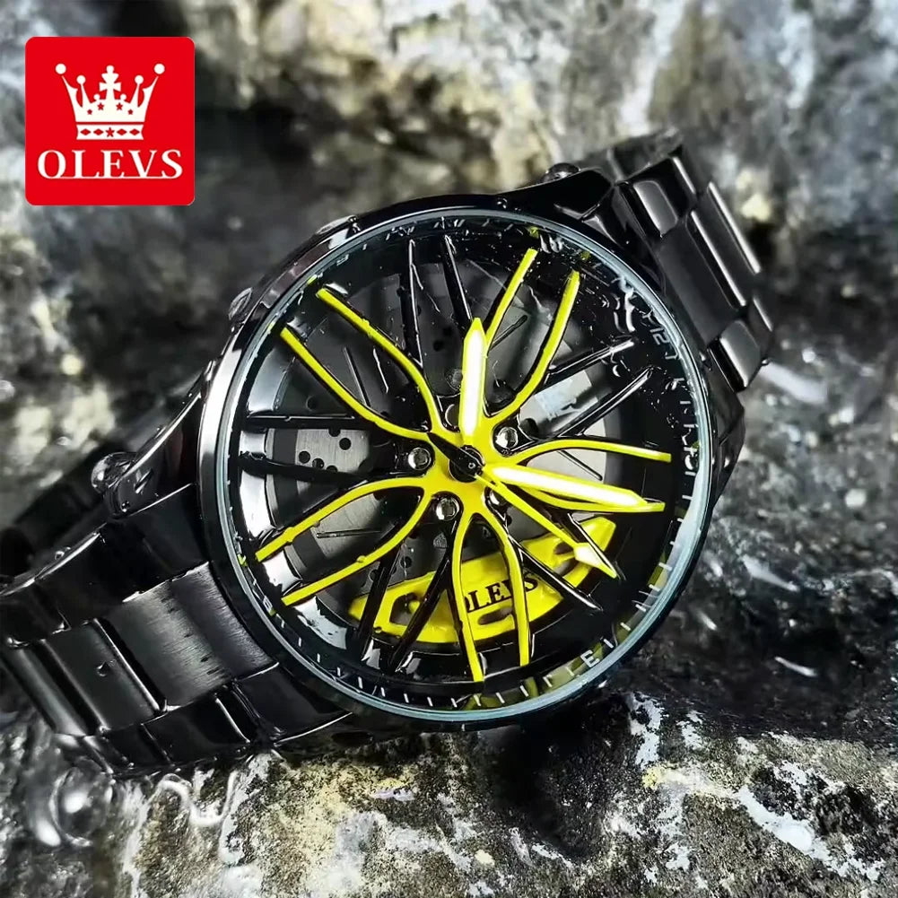 OLEVS Hot Sale Quartz Watch for Men 360° Rotary Dial Sports Car Rim Wheel Hub Waterproof Luminous Stainless Steel Men Wristwatch GadgetGlobe