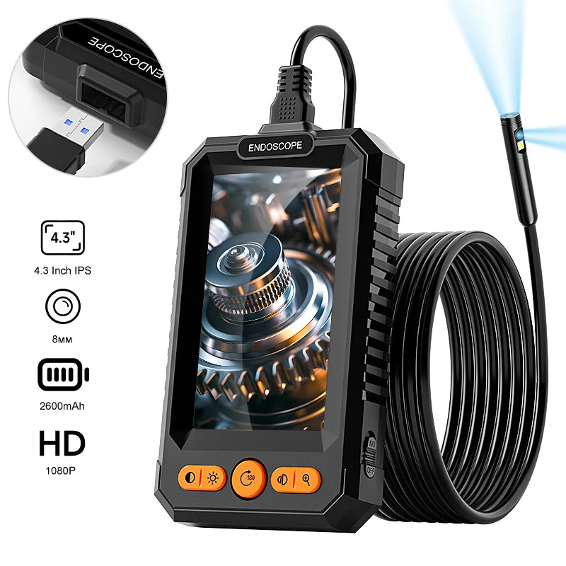 4.3'' IPS Screen Industrial Endoscope Dual Camera 8MM Borescope For Car Repair/Vehicle Engine IP67 Waterproof 8 LEDS GadgetGlobe