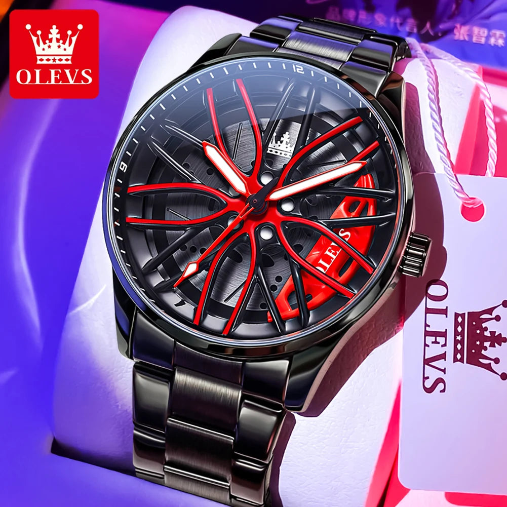 OLEVS Hot Sale Quartz Watch for Men 360° Rotary Dial Sports Car Rim Wheel Hub Waterproof Luminous Stainless Steel Men Wristwatch GadgetGlobe