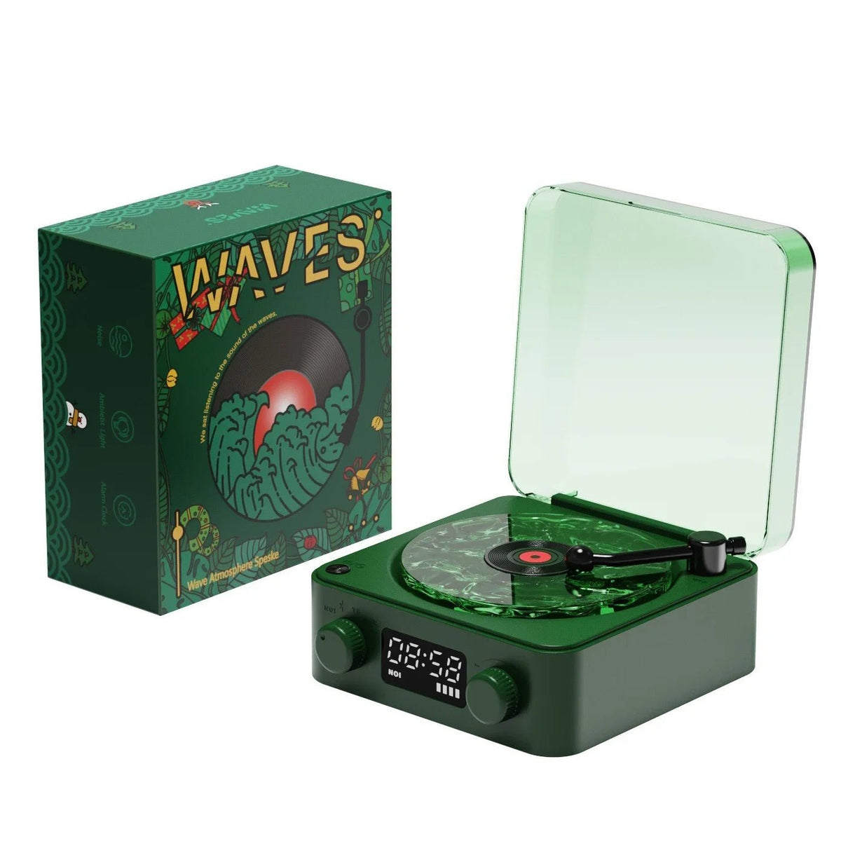 White Noise Retro Turntable Speaker Waves Vinyl Player Bluetooth Speaker Sleep Aid with RGB Light Support TF Card AUX Music Box - GadgetGlobe