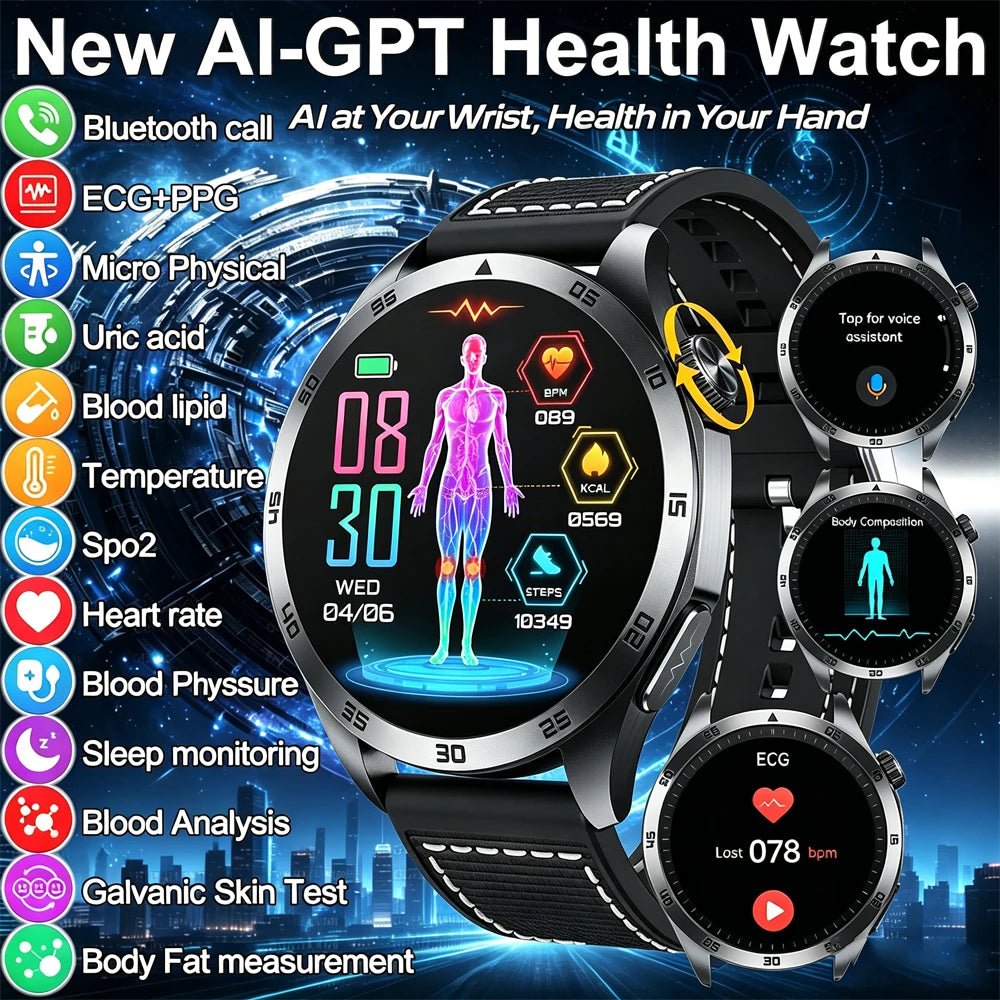 ECG+PPG Health Smart Watch Men Blood Oxygen Uric Acid Blood Pressure Monitoring HD Bluetooth Call AI Watch For iOS Android - GadgetGlobe
