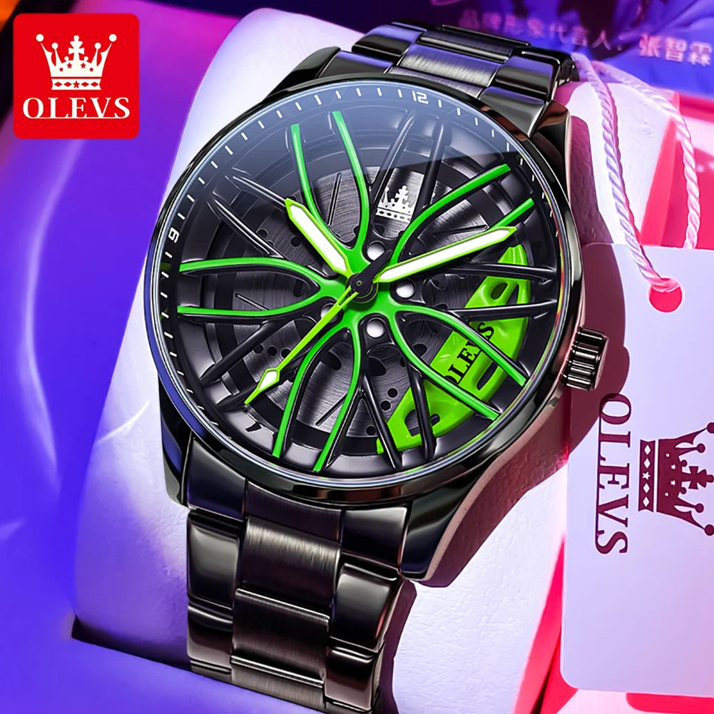 OLEVS Hot Sale Quartz Watch for Men 360° Rotary Dial Sports Car Rim Wheel Hub Waterproof Luminous Stainless Steel Men Wristwatch GadgetGlobe