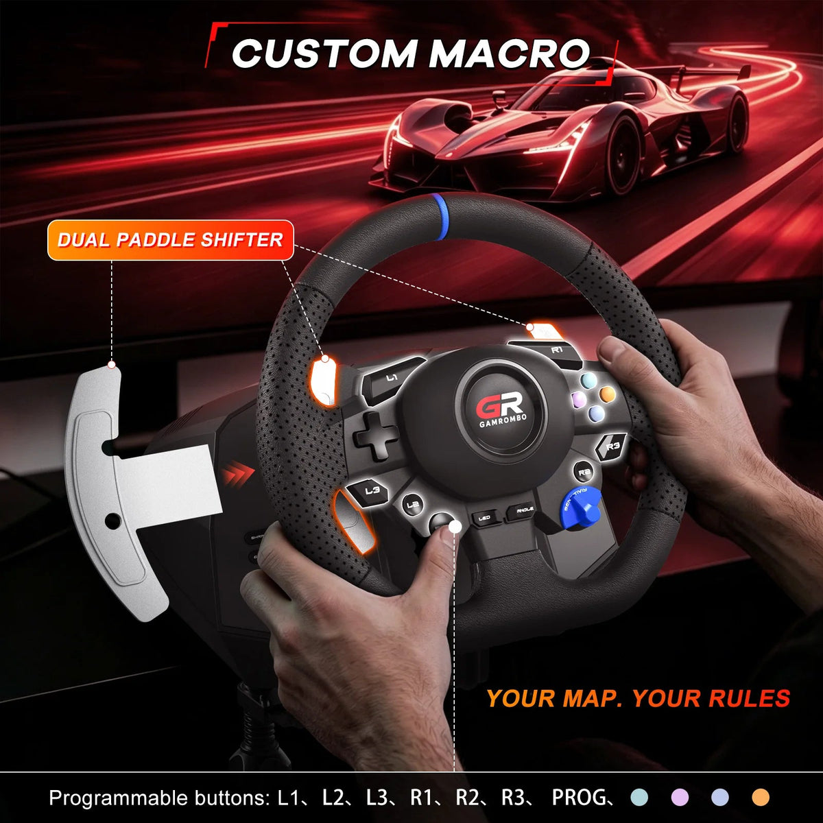Racing Wheel For PS5/PS4/PC,11" Leather 270°&900° RGB Game Steering Hall Effect Pedal Macro Prog Mapping Gaming Wheels Simulator - GadgetGlobe
