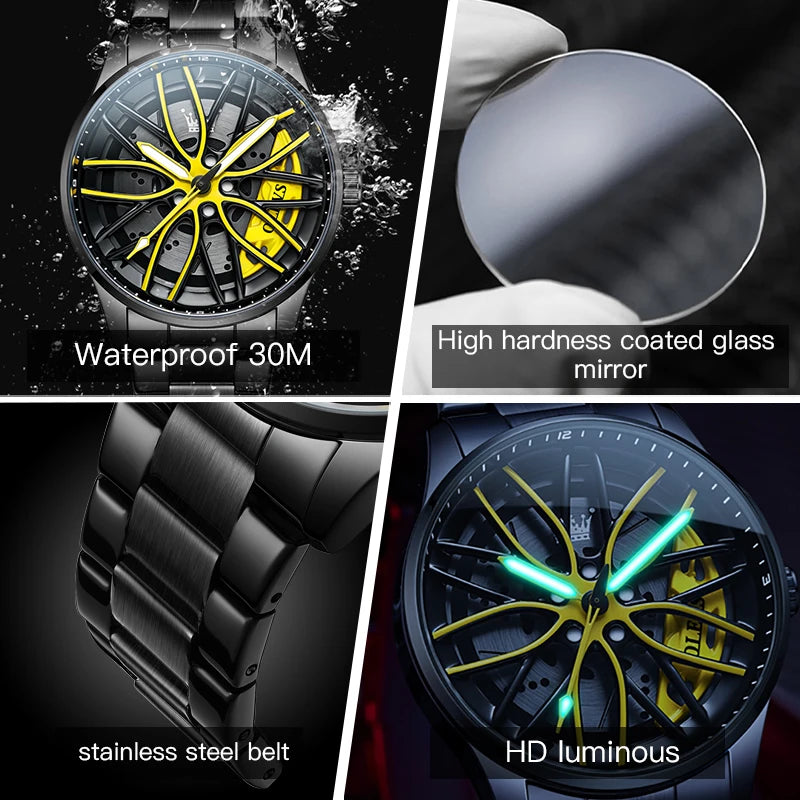 OLEVS Hot Sale Quartz Watch for Men 360° Rotary Dial Sports Car Rim Wheel Hub Waterproof Luminous Stainless Steel Men Wristwatch GadgetGlobe