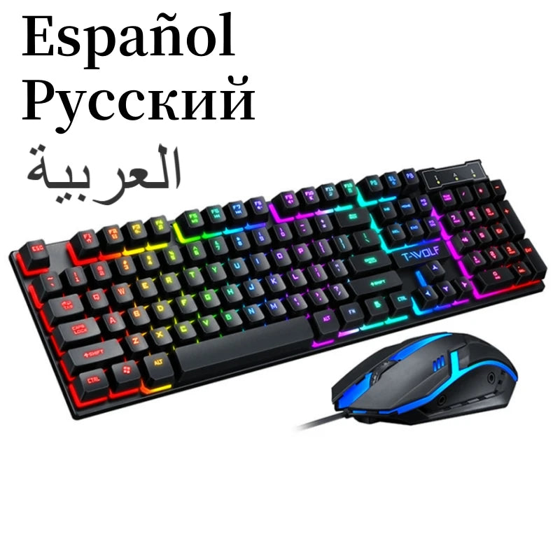 Spanish Keyboard with Spanish Layout Russian Arabic Keyboard Mouse Kit 100% Keyboard ISO Color Backlight Wired Gaming Office T20 GadgetGlobe