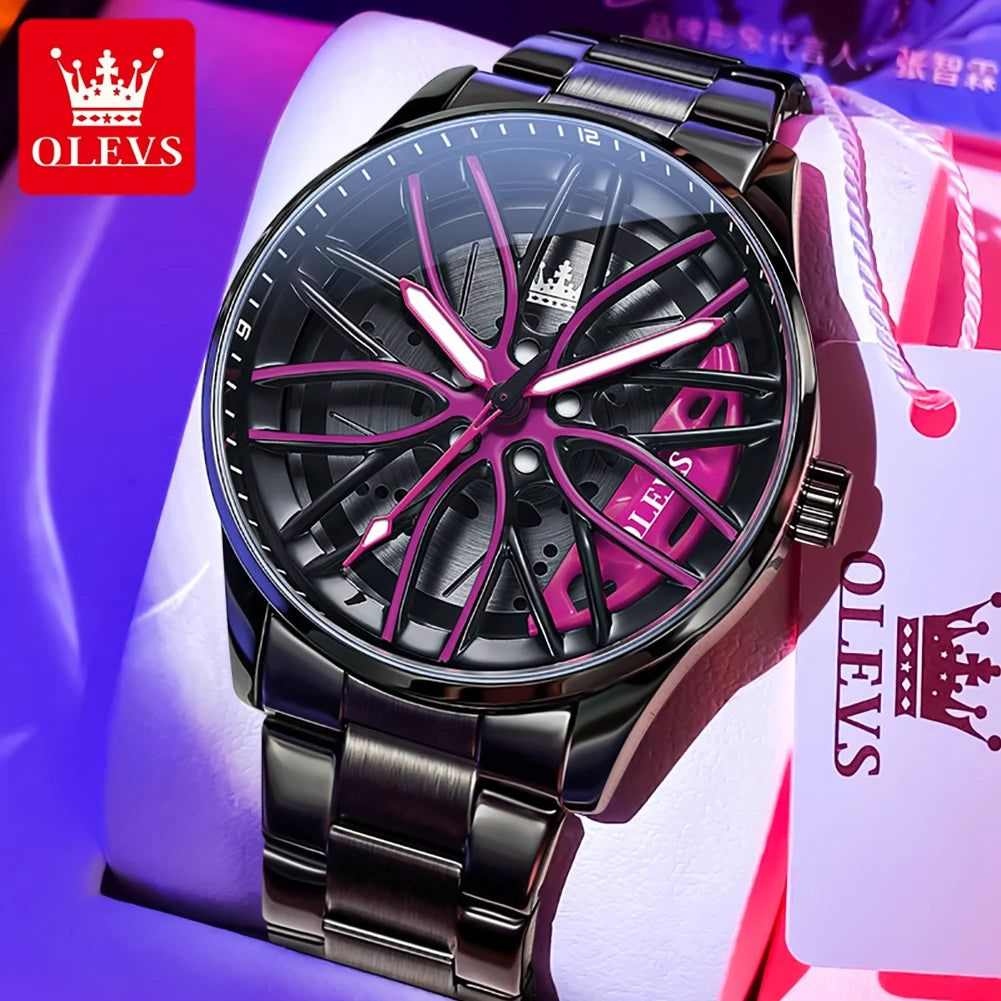 OLEVS Hot Sale Quartz Watch for Men 360° Rotary Dial Sports Car Rim Wheel Hub Waterproof Luminous Stainless Steel Men Wristwatch GadgetGlobe