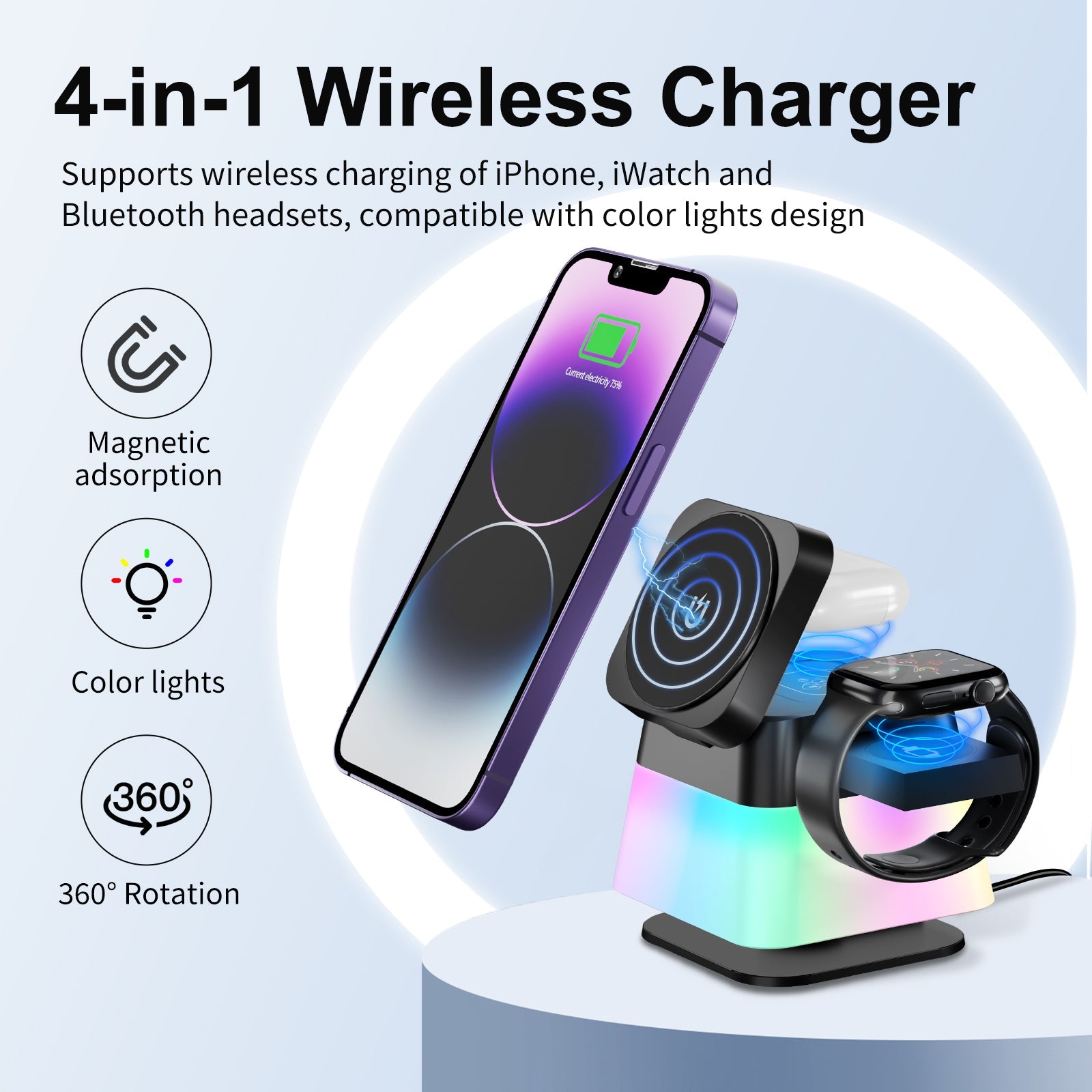 4 In 1 Rotatable Colorful Lighting Wireless Charger Stand For Phone 15 14 13 12 Pro Max 8 7 Holder Magnetic Fast Charging Station Anacotte