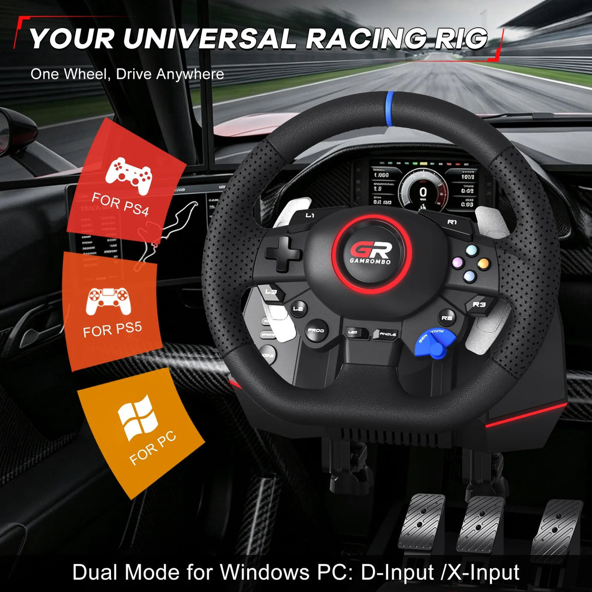 Racing Wheel For PS5/PS4/PC,11" Leather 270°&900° RGB Game Steering Hall Effect Pedal Macro Prog Mapping Gaming Wheels Simulator - GadgetGlobe