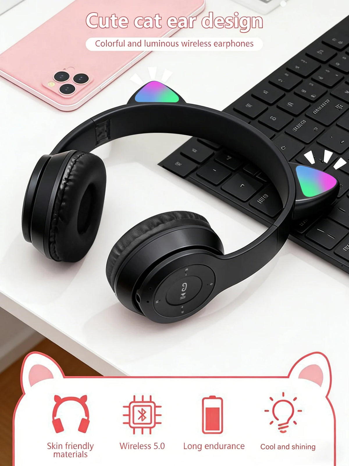 Foldable Glowing Cat Ear Over Ear Headphones, Fashion RGB Light Stereo Headset for Gaming, Music, Sports & Office GadgetGlobe
