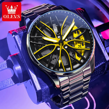 OLEVS Hot Sale Quartz Watch for Men 360° Rotary Dial Sports Car Rim Wheel Hub Waterproof Luminous Stainless Steel Men Wristwatch GadgetGlobe
