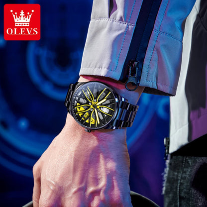 OLEVS Hot Sale Quartz Watch for Men 360° Rotary Dial Sports Car Rim Wheel Hub Waterproof Luminous Stainless Steel Men Wristwatch GadgetGlobe
