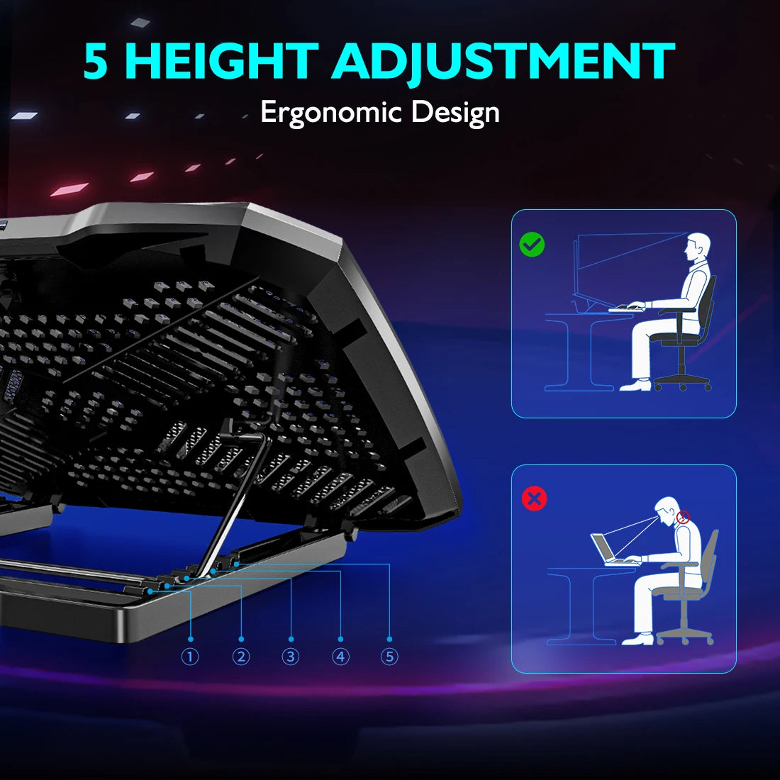 COOLCOLD Laptop Cooling Pad for 12-17 Inch Laptop Cooler Stand, 5 Quiet Fans, 5 Angle Adjustable with Phone Holder GadgetGlobe