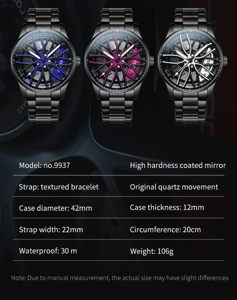 OLEVS Hot Sale Quartz Watch for Men 360° Rotary Dial Sports Car Rim Wheel Hub Waterproof Luminous Stainless Steel Men Wristwatch GadgetGlobe