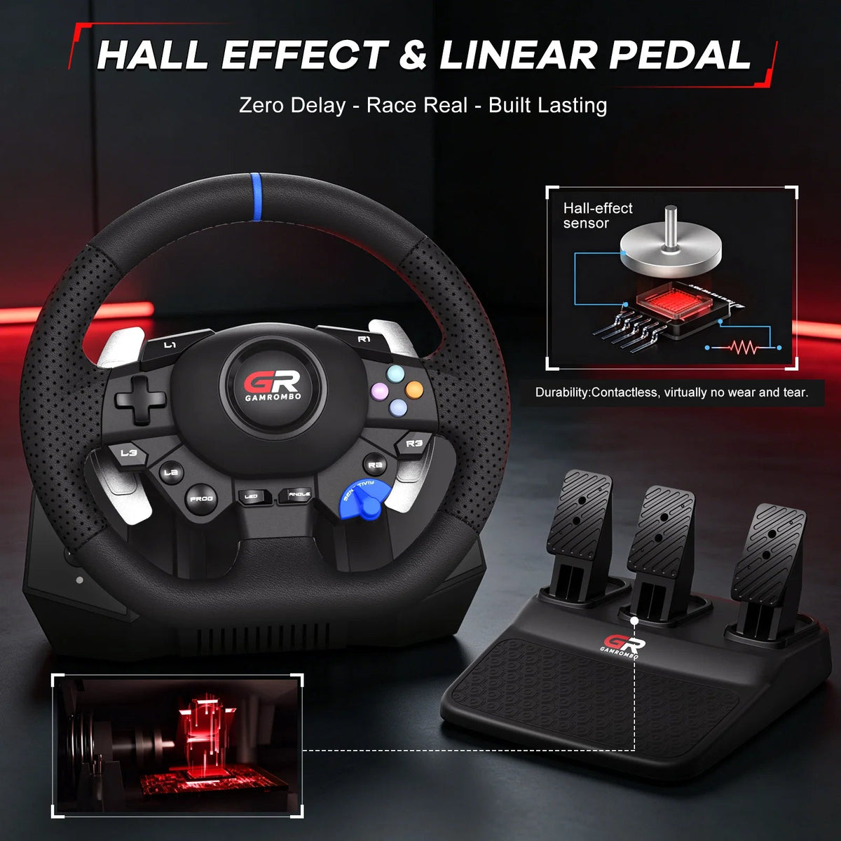 Racing Wheel For PS5/PS4/PC,11" Leather 270°&900° RGB Game Steering Hall Effect Pedal Macro Prog Mapping Gaming Wheels Simulator - GadgetGlobe