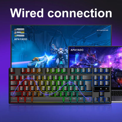 APAYADO 87 Key TKL Wired Gaming Keyboard, Rainbow Backlight with Scroll Lock Co Membrane USB Keyboard Floating Keycaps GadgetGlobe