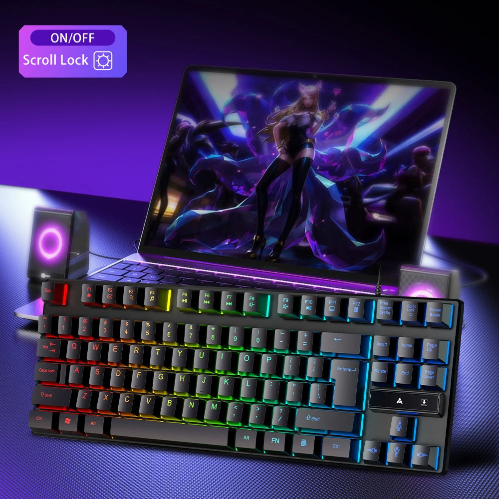 APAYADO 87 Key TKL Wired Gaming Keyboard, Rainbow Backlight with Scroll Lock Co Membrane USB Keyboard Floating Keycaps GadgetGlobe