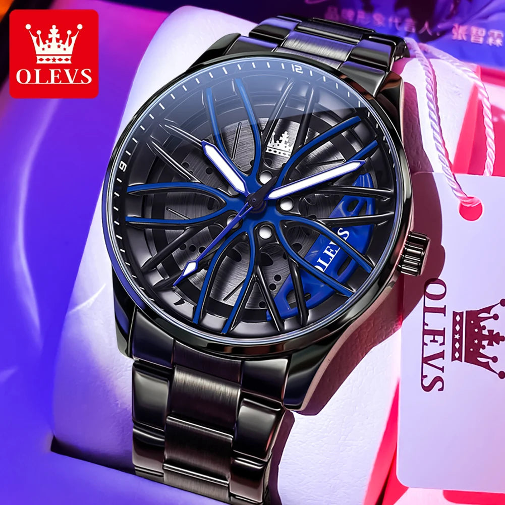 OLEVS Hot Sale Quartz Watch for Men 360° Rotary Dial Sports Car Rim Wheel Hub Waterproof Luminous Stainless Steel Men Wristwatch GadgetGlobe