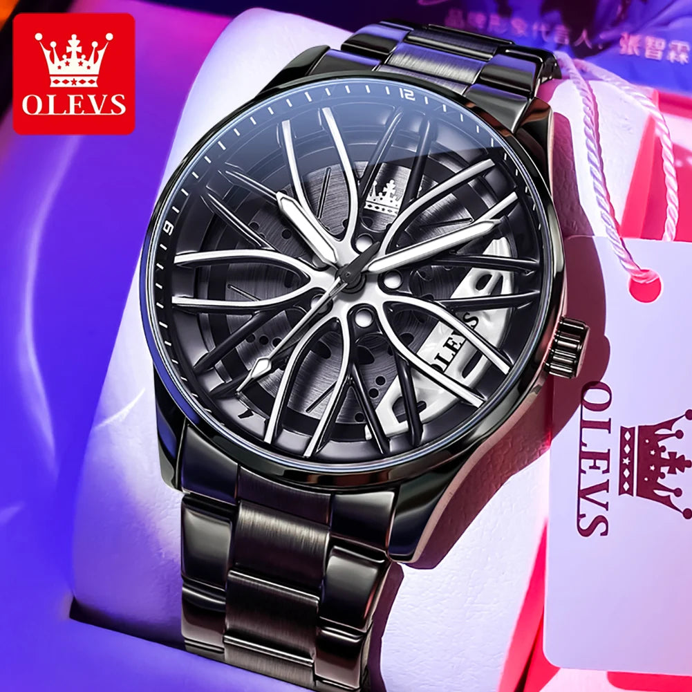 OLEVS Hot Sale Quartz Watch for Men 360° Rotary Dial Sports Car Rim Wheel Hub Waterproof Luminous Stainless Steel Men Wristwatch GadgetGlobe