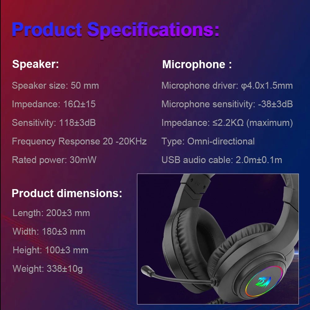 REDRAGON HYLAS H371 RGB gaming Headphone,7.1 USB Surround sound Computer PC laptop headset Earphones Microphone EQ Controller - GadgetGlobe