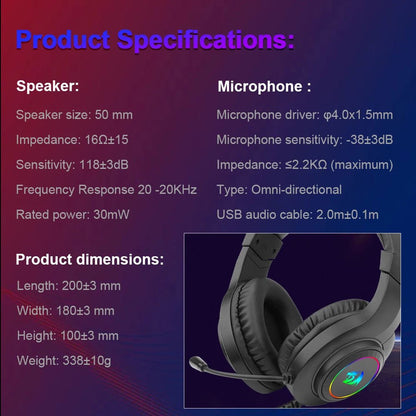 REDRAGON HYLAS H371 RGB gaming Headphone,7.1 USB Surround sound Computer PC laptop headset Earphones Microphone EQ Controller - GadgetGlobe