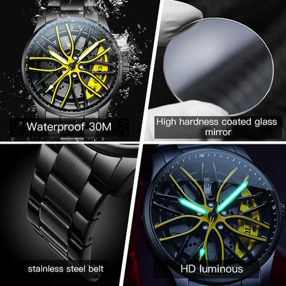 OLEVS Hot Sale Quartz Watch for Men 360° Rotary Dial Sports Car Rim Wheel Hub Waterproof Luminous Stainless Steel Men Wristwatch GadgetGlobe