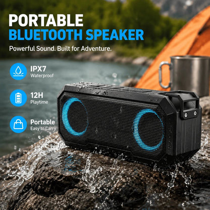 Portable Bluetooth Speaker Wireless LED Flash Light TWS Bass Stereo IPX7 Waterproof Loudspeaker FM Radio 12H Playtime Subwoofer Outdoor Boombox Hands Free Mic USB C for Pool Beach Party Camping Travel - GadgetGlobe