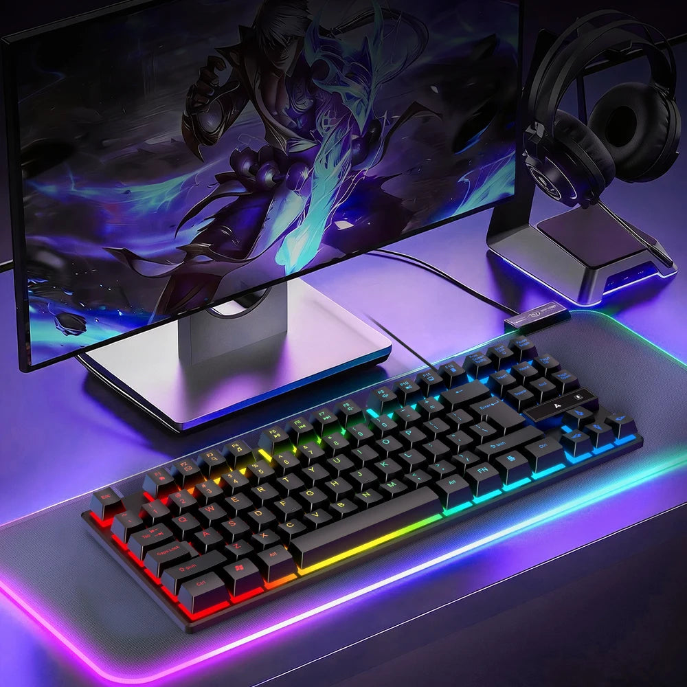 APAYADO 87 Key TKL Wired Gaming Keyboard, Rainbow Backlight with Scroll Lock Co Membrane USB Keyboard Floating Keycaps GadgetGlobe